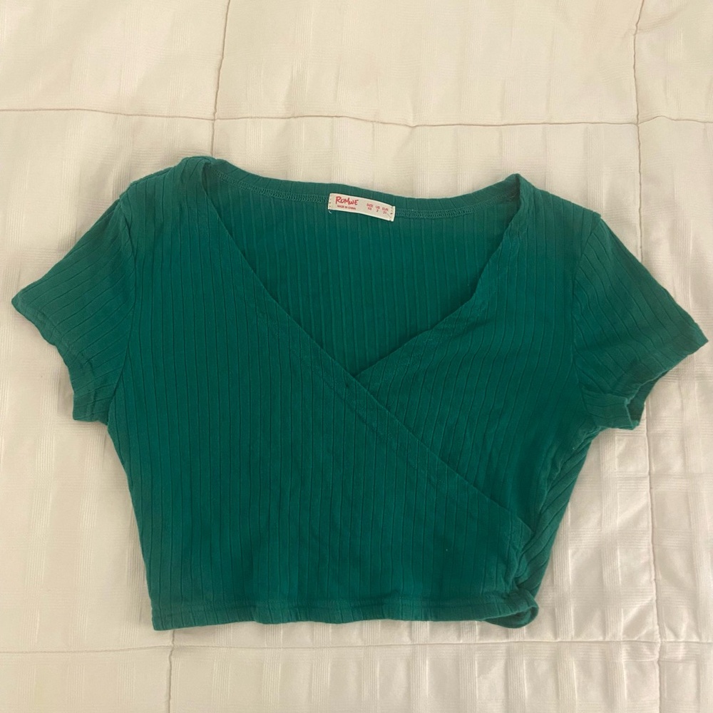 Teal Ribbed Wrap Crop Top